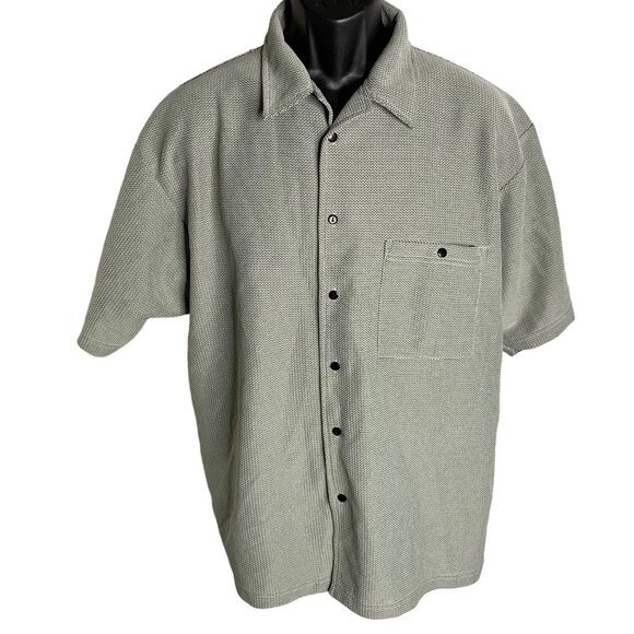 Vintage 90s Adolfo Button Up Club Shirt L Grey Black Texture Short Sleeve Pocket - Picture 1 of 6